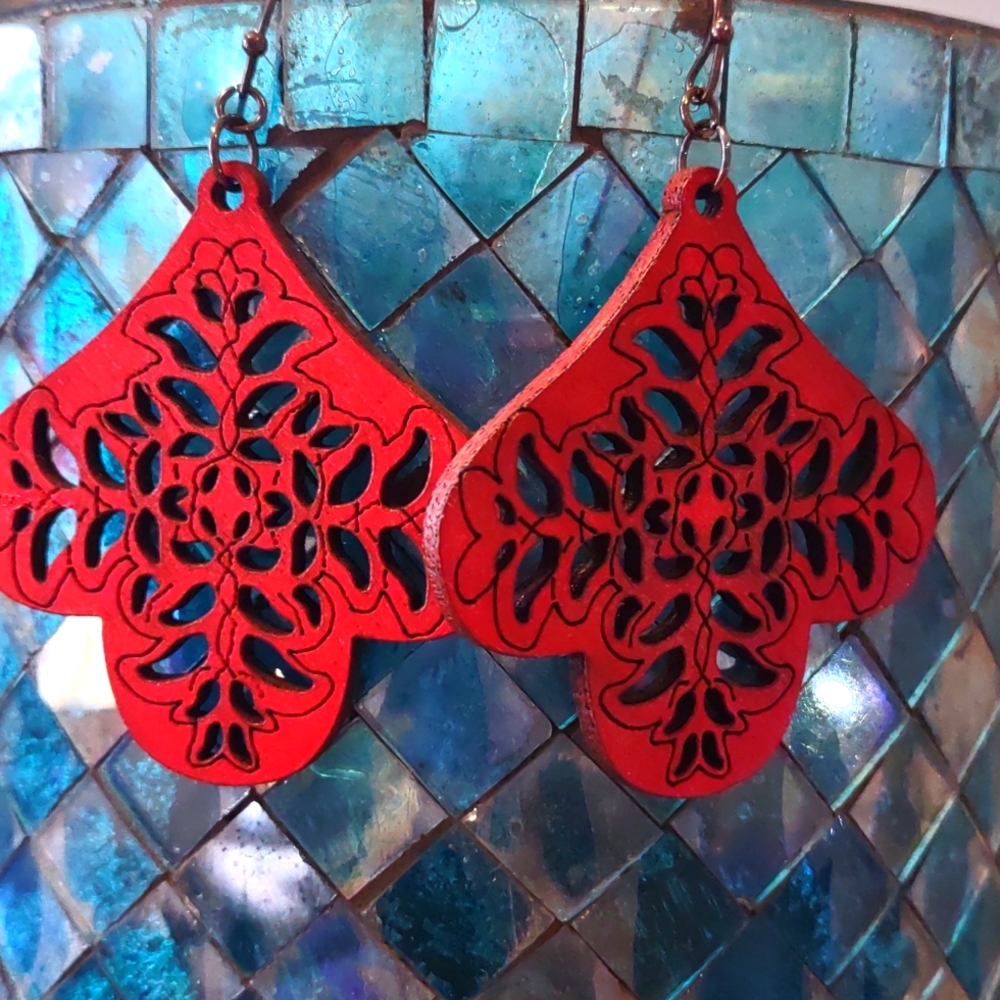 Artisan red wooden carved earrings